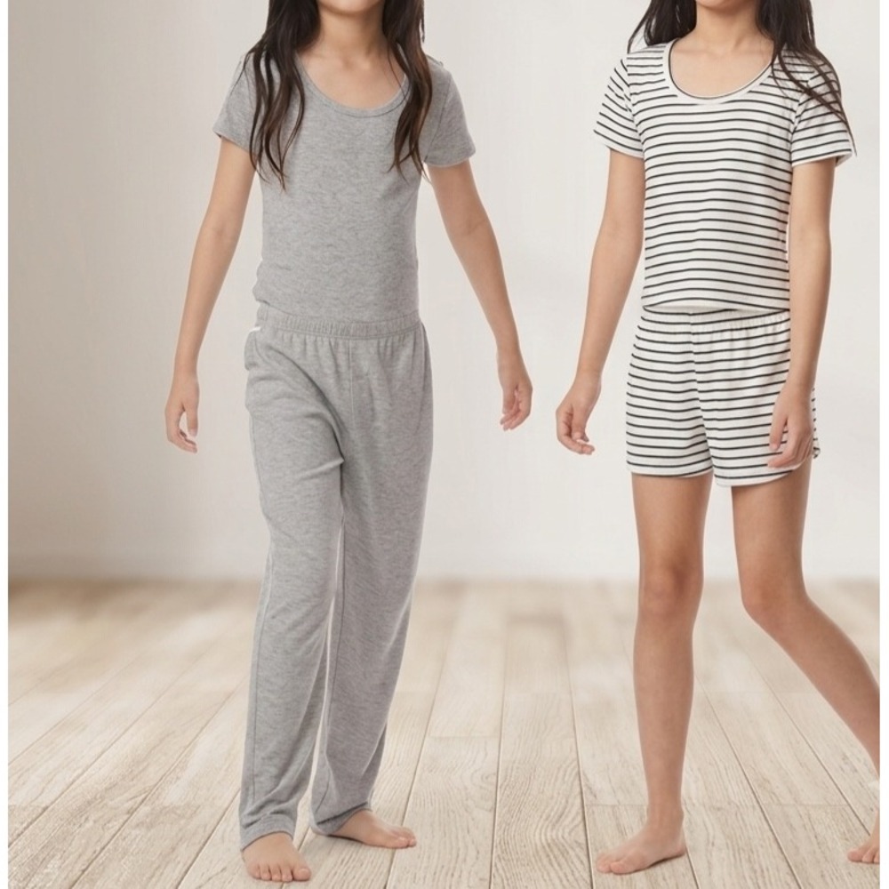 Splendid Kids 4 Piece Sleep Set Pajamas Grey Pointelle Striped Girls Size7/8 NWT